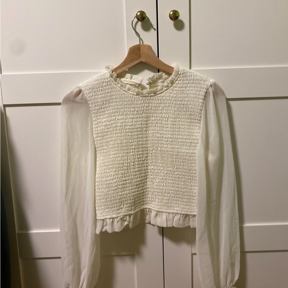 Stylish Cream Textured Blouse with Sheer Sleeves - Picture 2 of 2